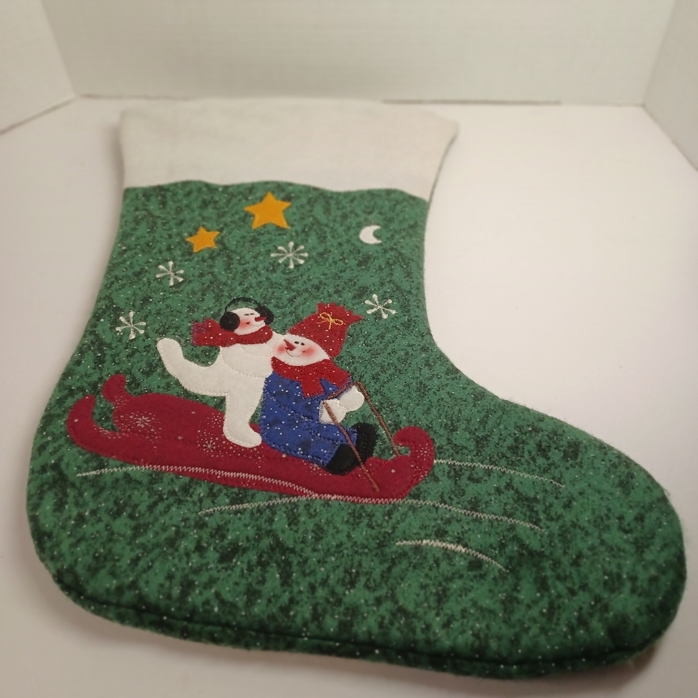 17 inch Holiday Christmas Quilted Stocking- 3D Appliqué Snowman/Tree/Snow Flakes